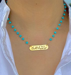 TURQUOISE NECKLACE WITH A TAG IN ARABIC "Mashallah"