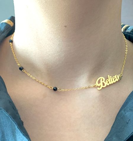 NECKLACE WITH ONYX STONES AND WORD "BELIEVE"