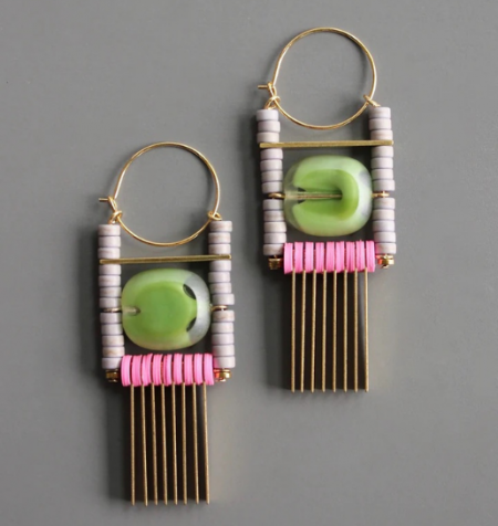 ART DECO PINK AND GREEN HOOP EARRINGS