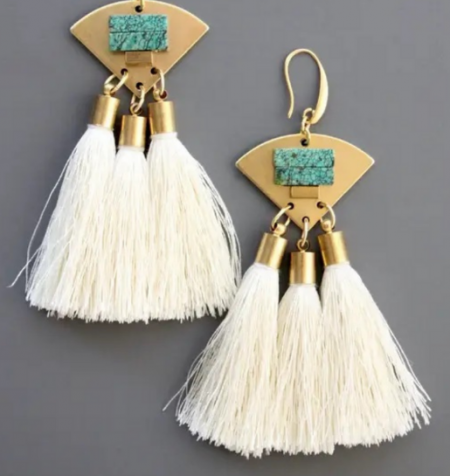 TURQUOISE STONE AND WHITE SILK TASSEL EARRINGS